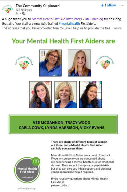 The Community Cupboard Mental Health First Aiders